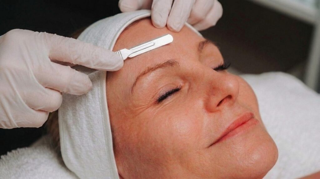 Schoonheidsspecialiste voert dermaplaning uit op het voorhoofd van een cliënte