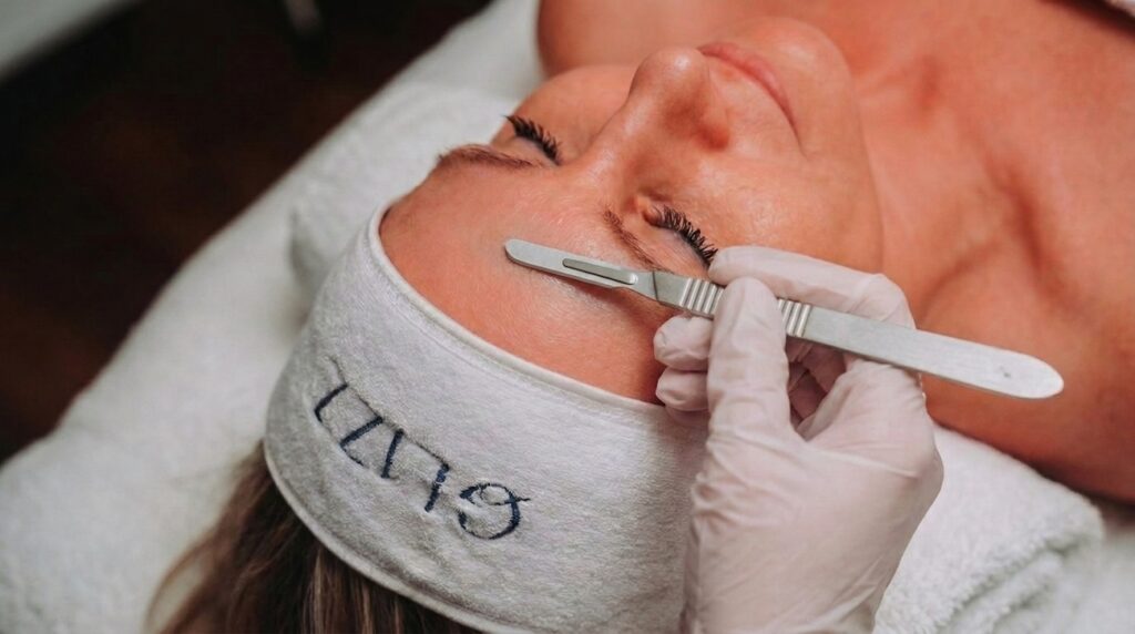 Schoonheidsspecialiste voert dermaplaning uit op het voorhoofd van een cliënte