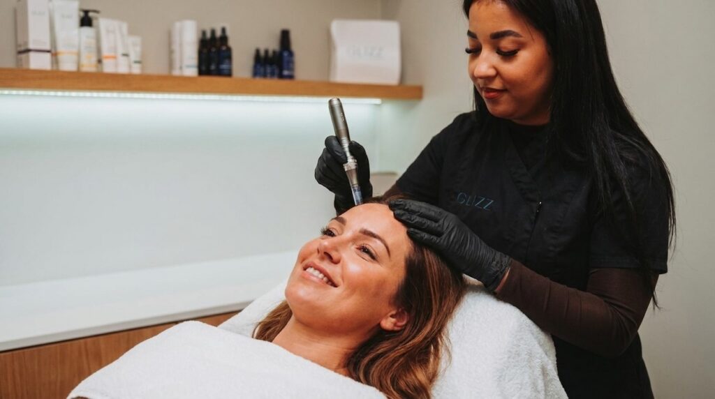 Een schoonheidsspecialist voert microneedling uit op het voorhoofd